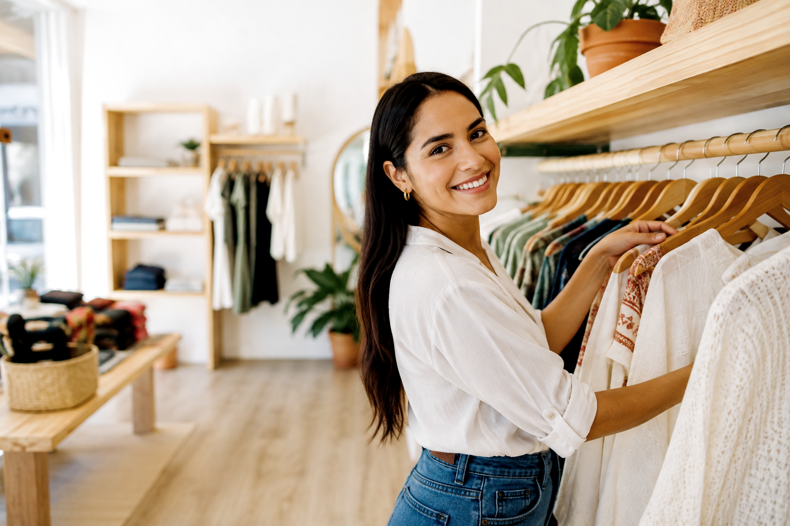 Dueña de una boutique de ropa mexicana en su tienda