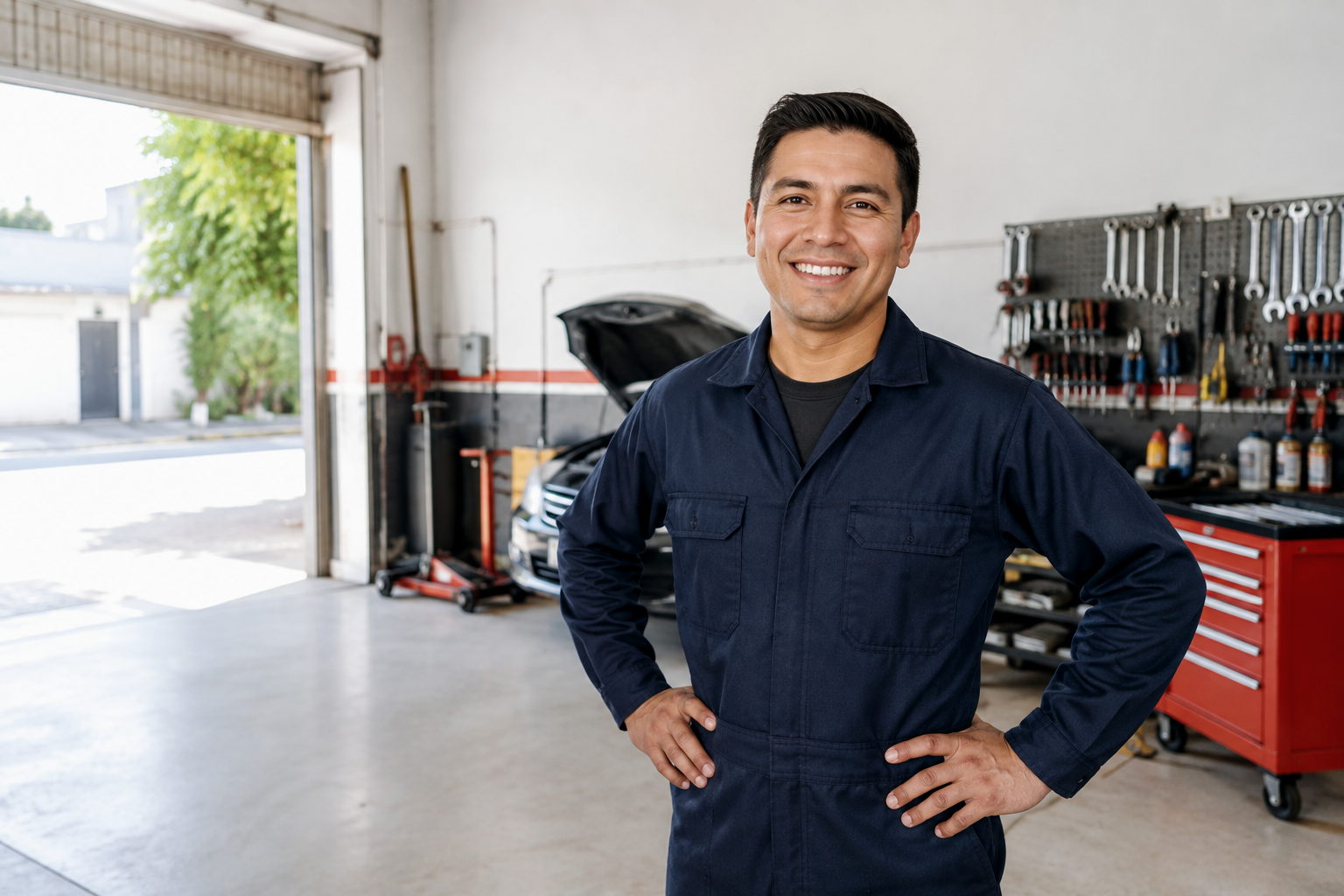 Dueño de un taller mecánico mexicano en su local