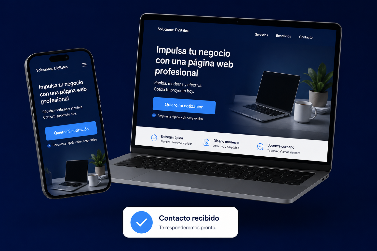 Landing page mexicana en celular y laptop con contacto recibido
