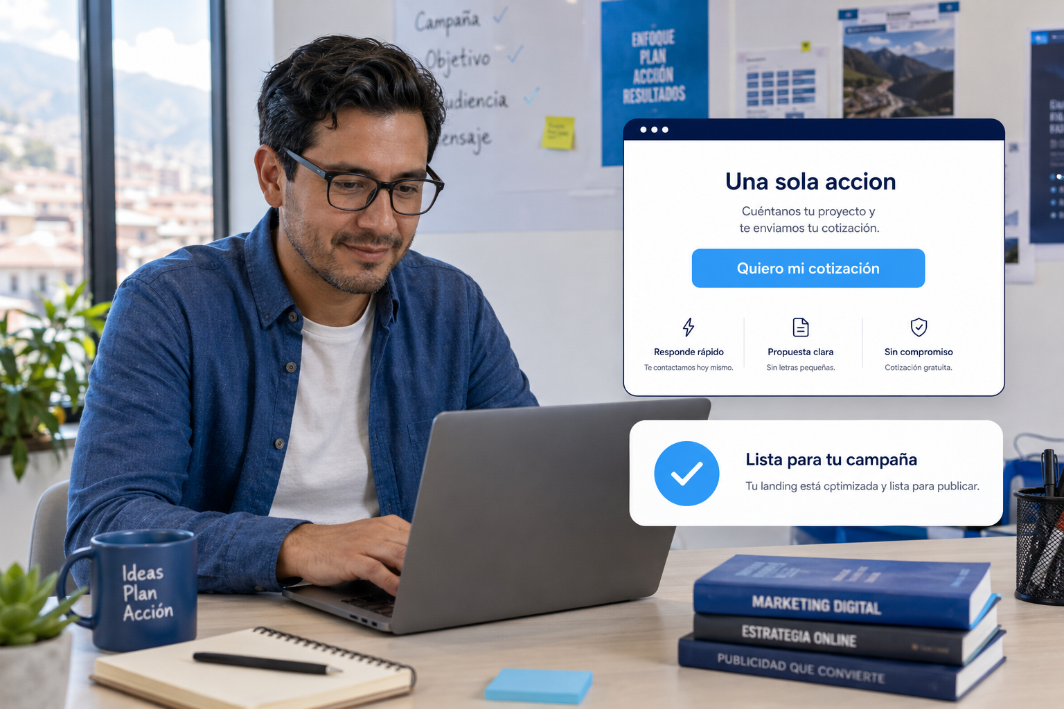 Emprendedor mexicano con su landing page de campaña lista