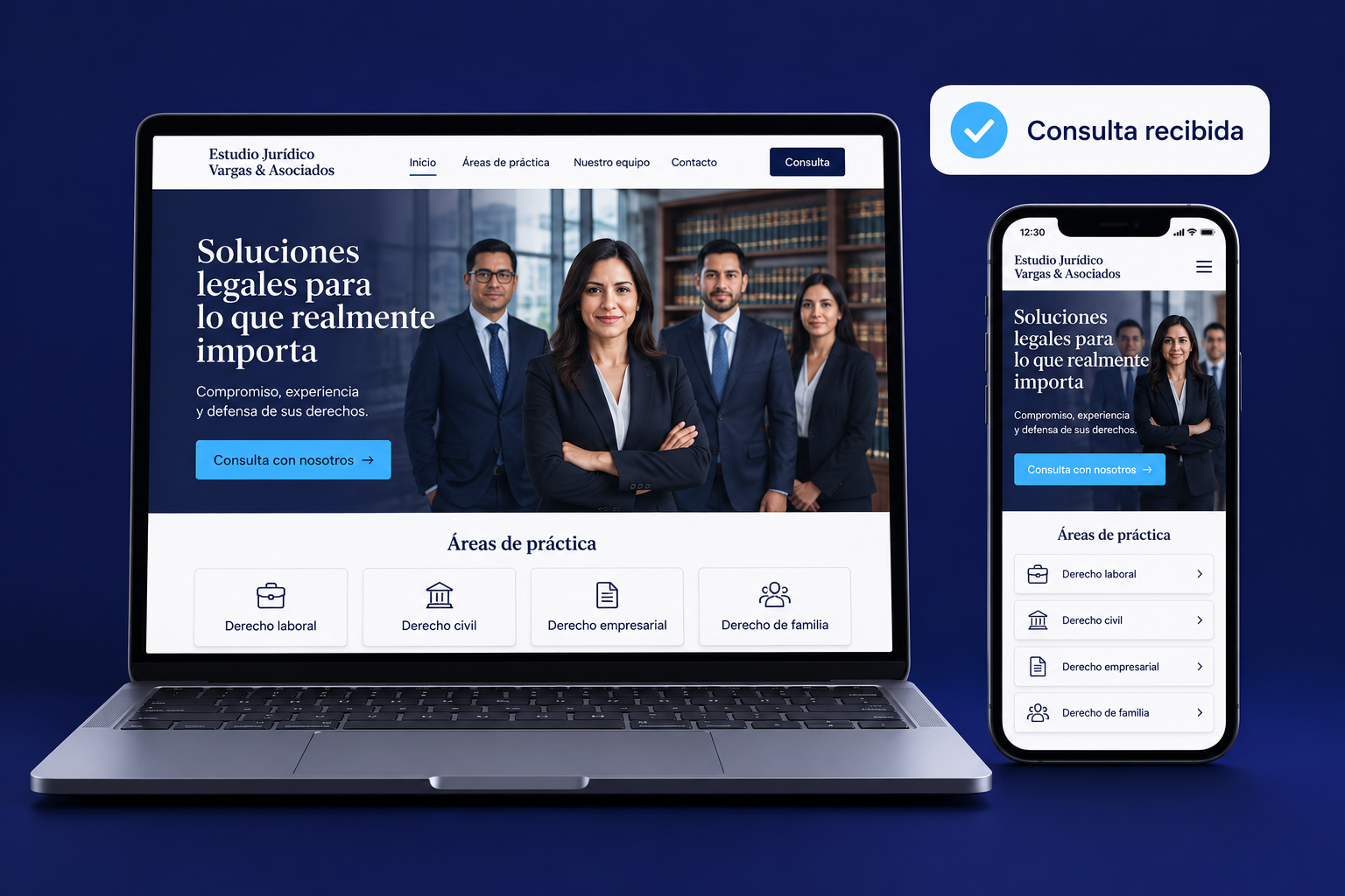 Página web de estudio jurídico mexicano en laptop y celular