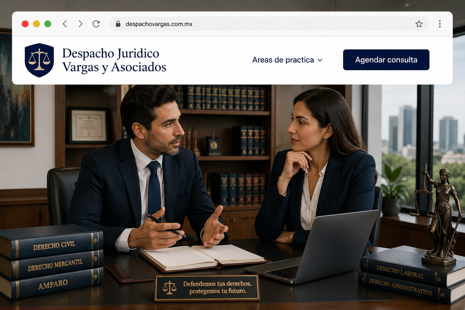 Abogada mexicana en su estudio jurídico con su página web
