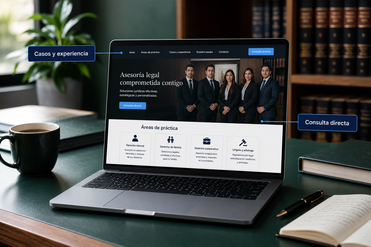 Página web de estudio jurídico con áreas de práctica y consulta