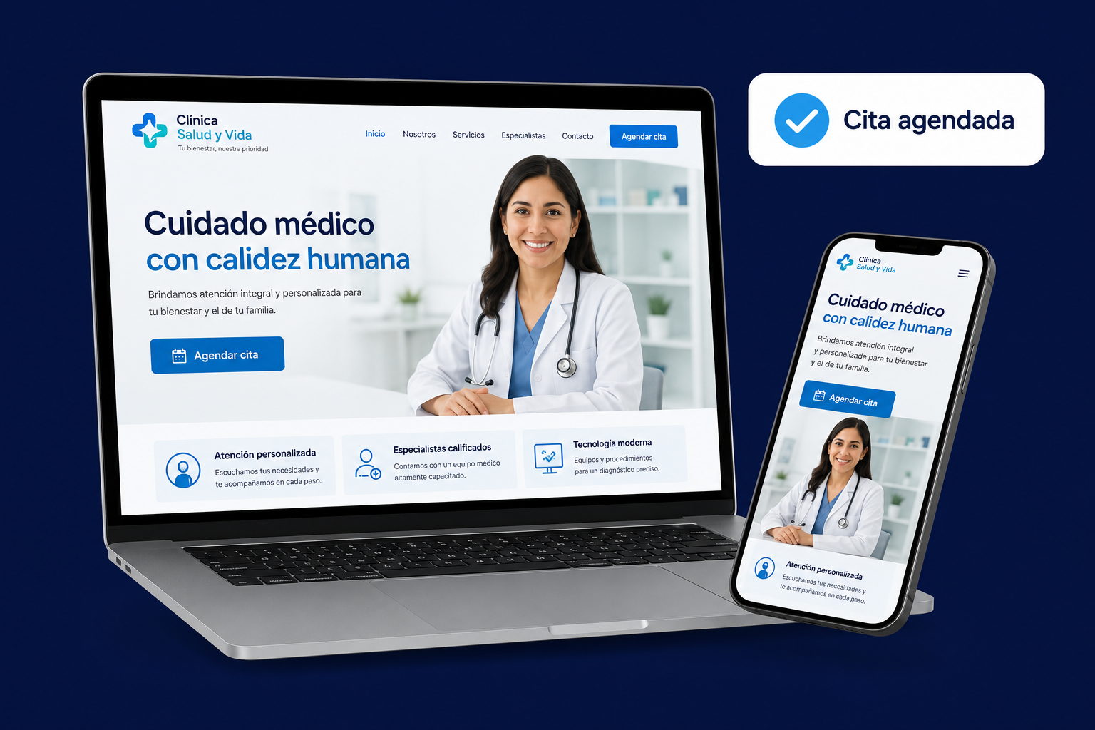 Página web de clínica mexicana con cita agendada en laptop y celular
