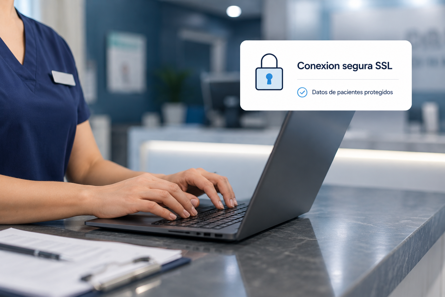 Recepción de clínica con conexión segura SSL y datos protegidos