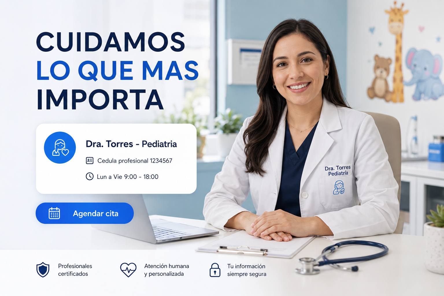 Doctora mexicana en su consultorio con su página web de citas