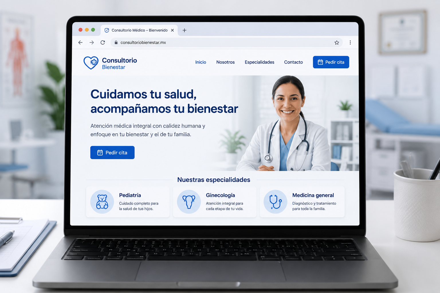 Página web de clínica con especialidades, horarios y sedes