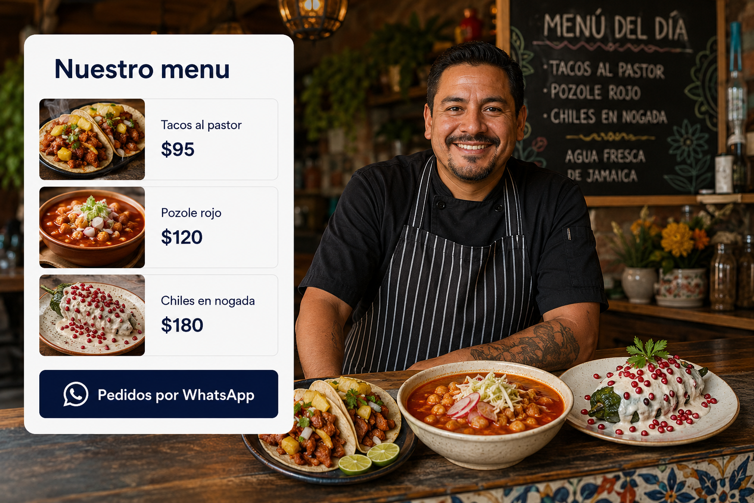 Chef mexicano con su menú digital y pedidos por WhatsApp