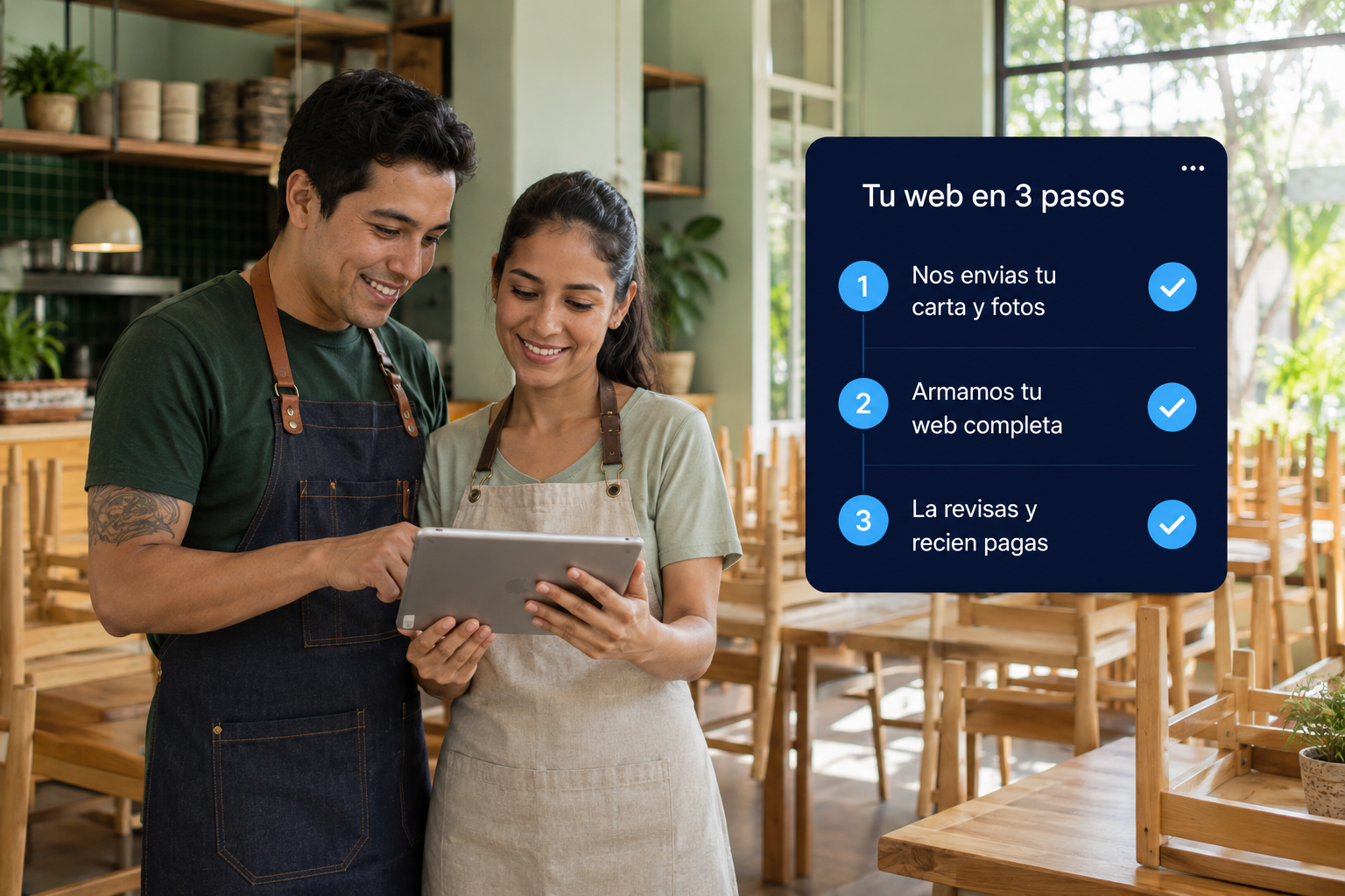 Dueños de restaurante revisando su web antes de pagar