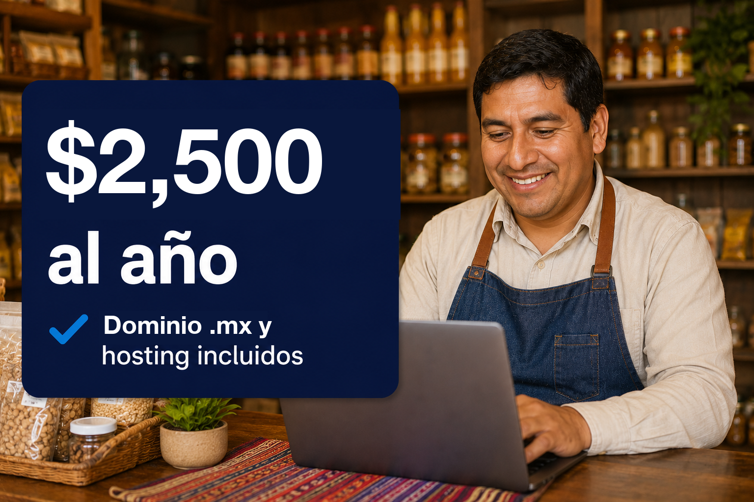 Dueño de negocio revisando su web de $2,500 al año