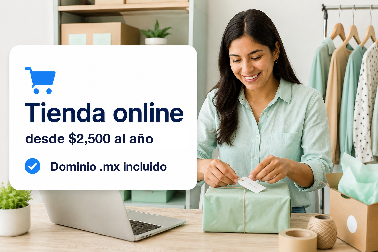 Emprendedora con su tienda en línea desde $2,500 al año