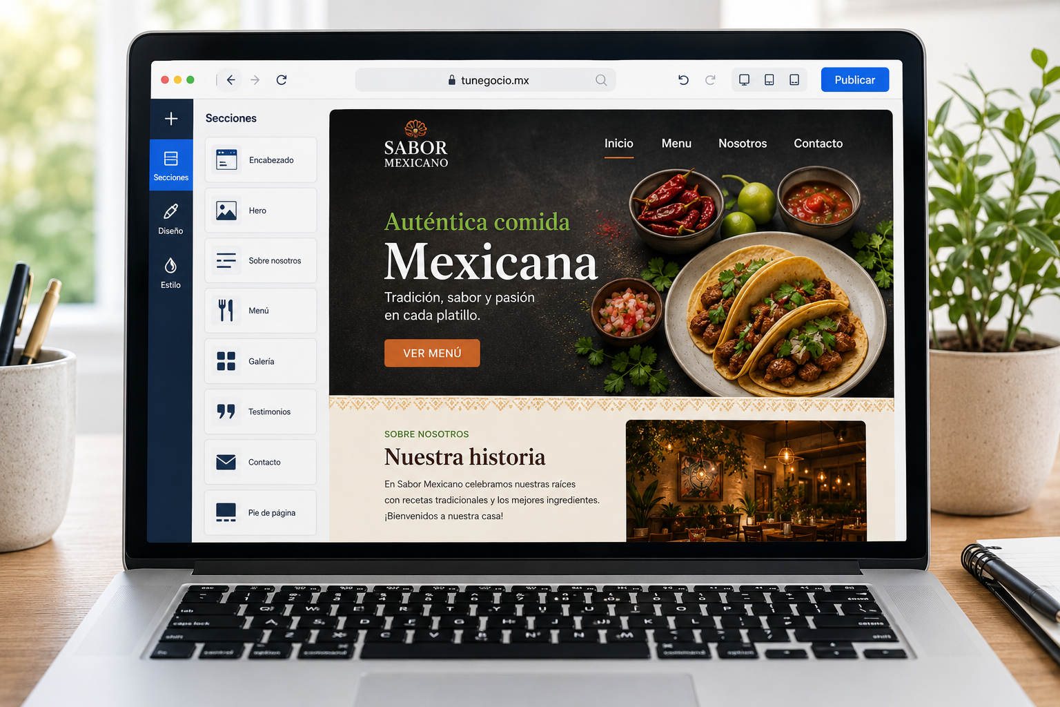 Editor de página web autoadministrable con dominio propio .mx y publicación en un clic
