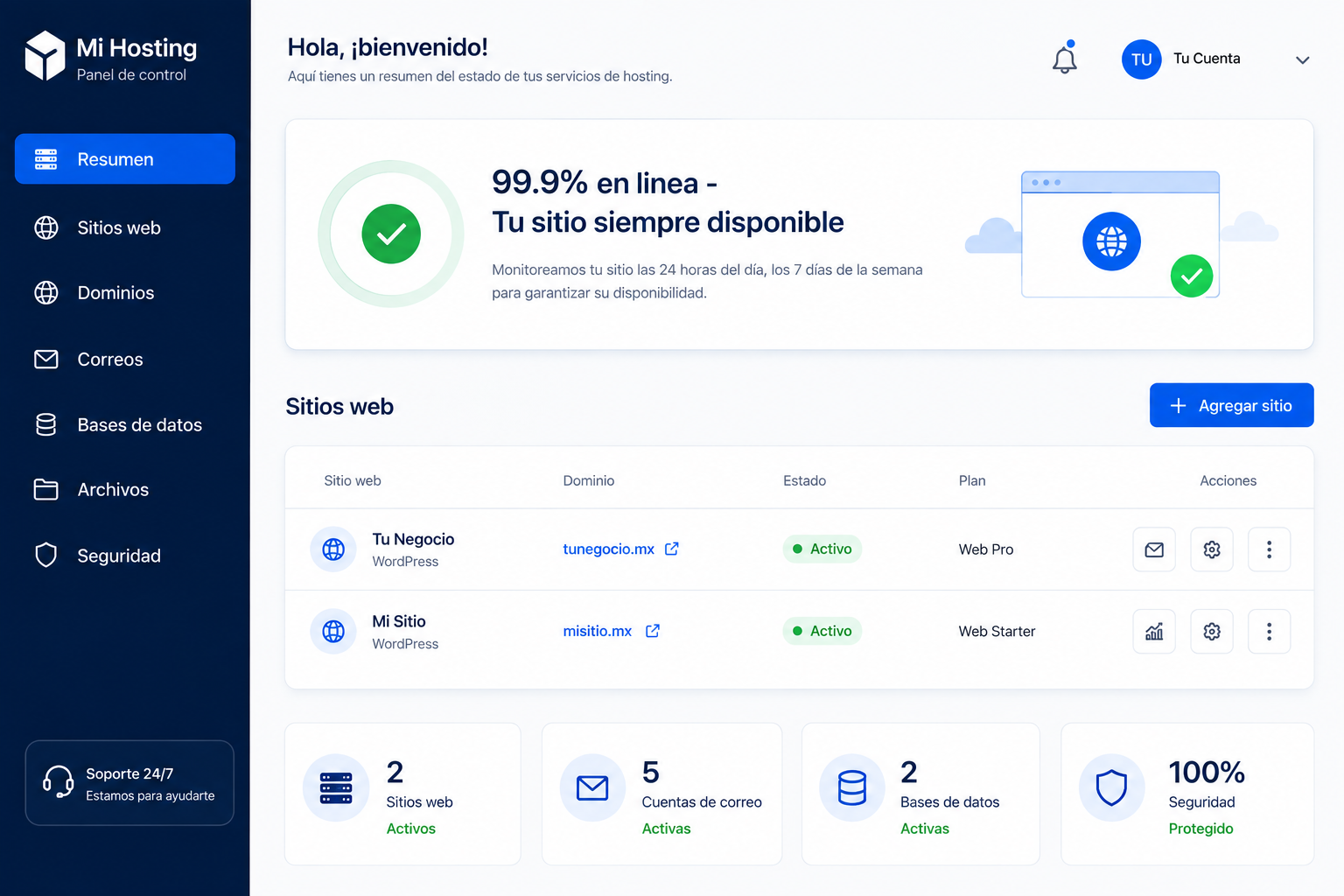 Panel de hosting con rendimiento, SSL activo y 99.9% en línea