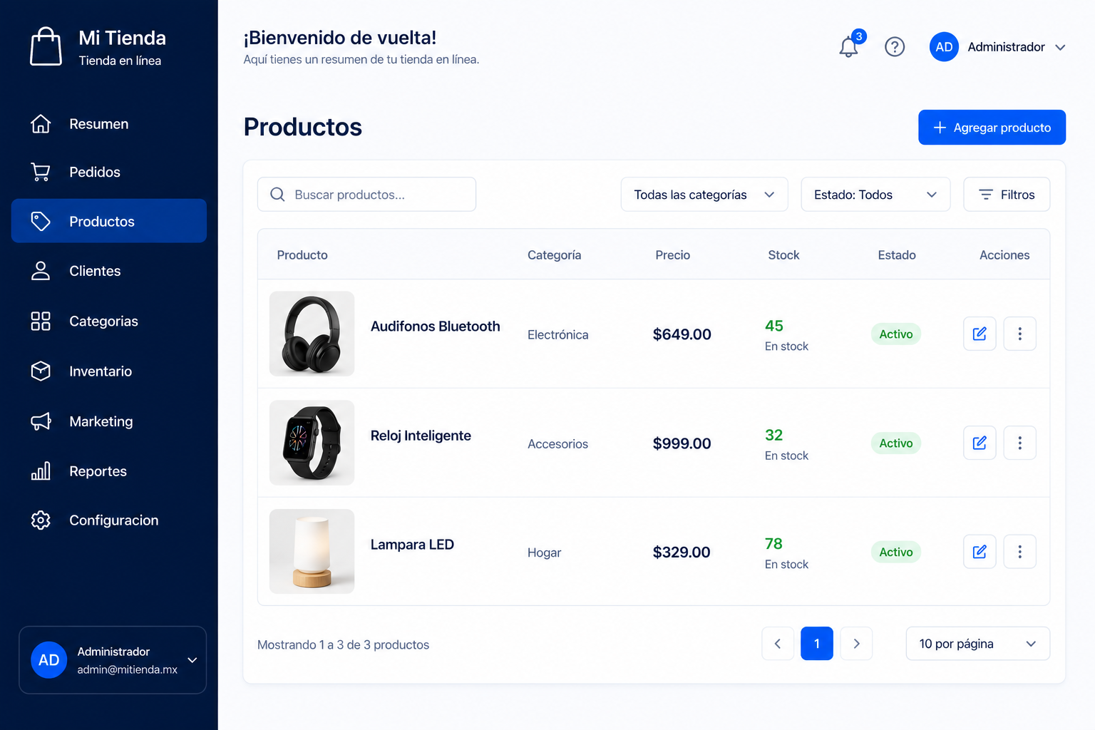 Panel de productos con altas en un clic