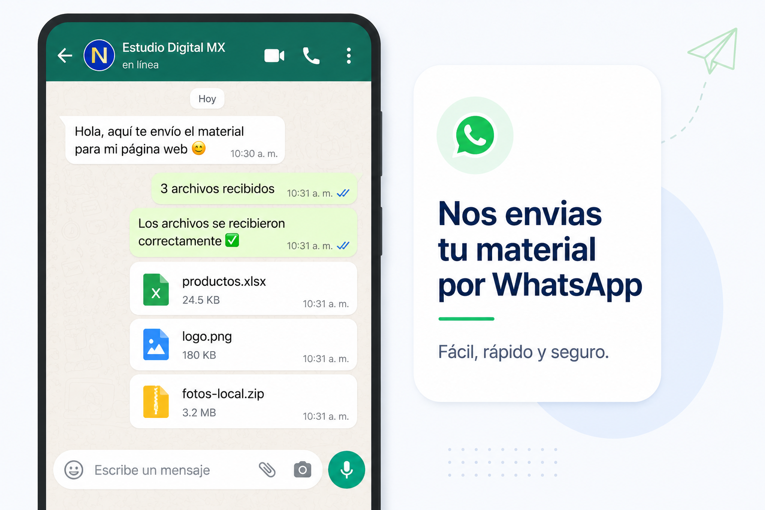 Nos envías tu lista de productos, logo y fotos por WhatsApp
