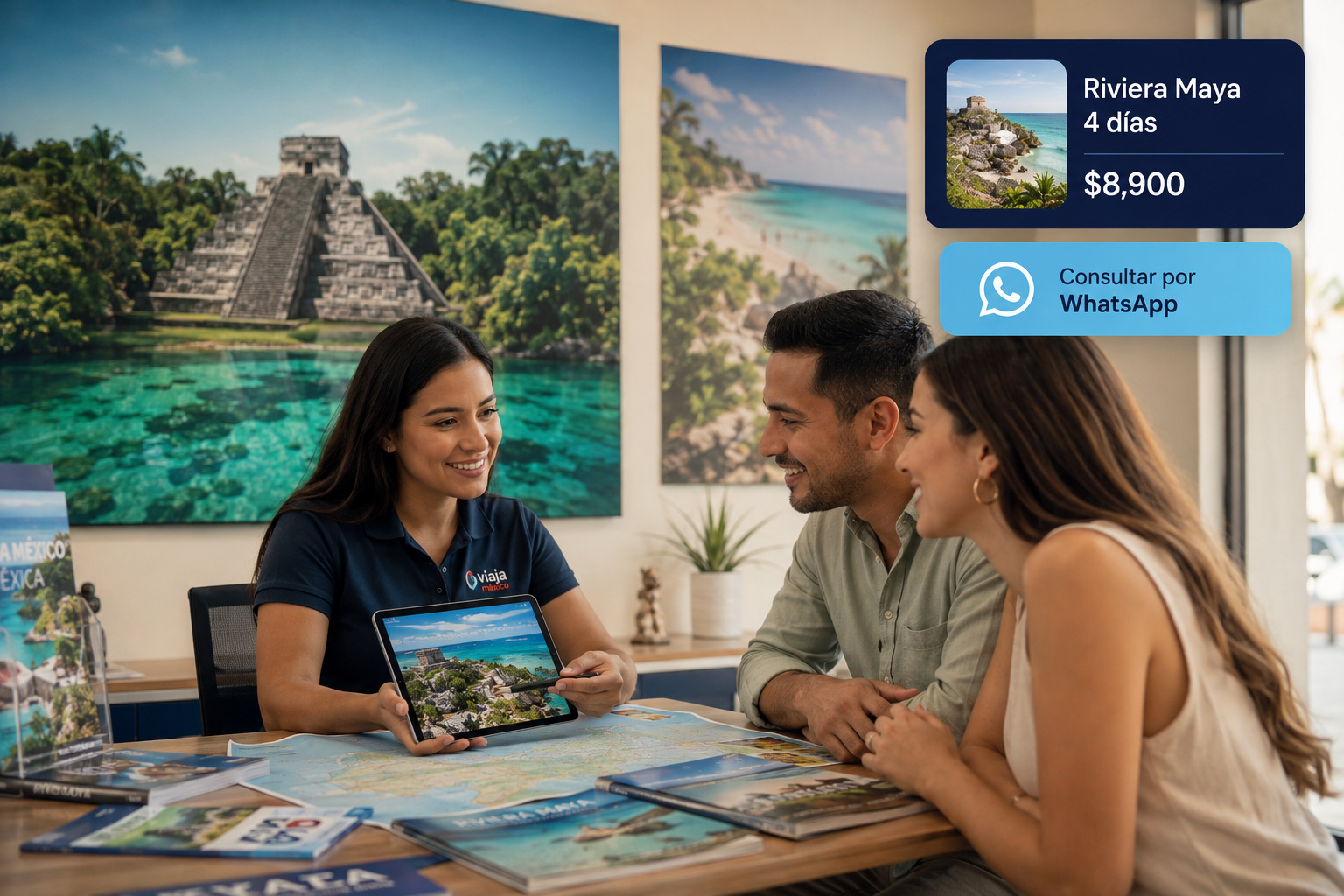 Asesora de agencia de viajes mostrando paquetes a sus clientes